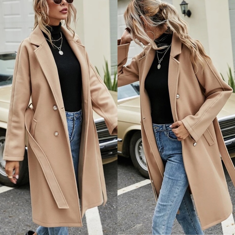 Camel peacoat long trench jacket tan brown buttons - Picture 2 of 2